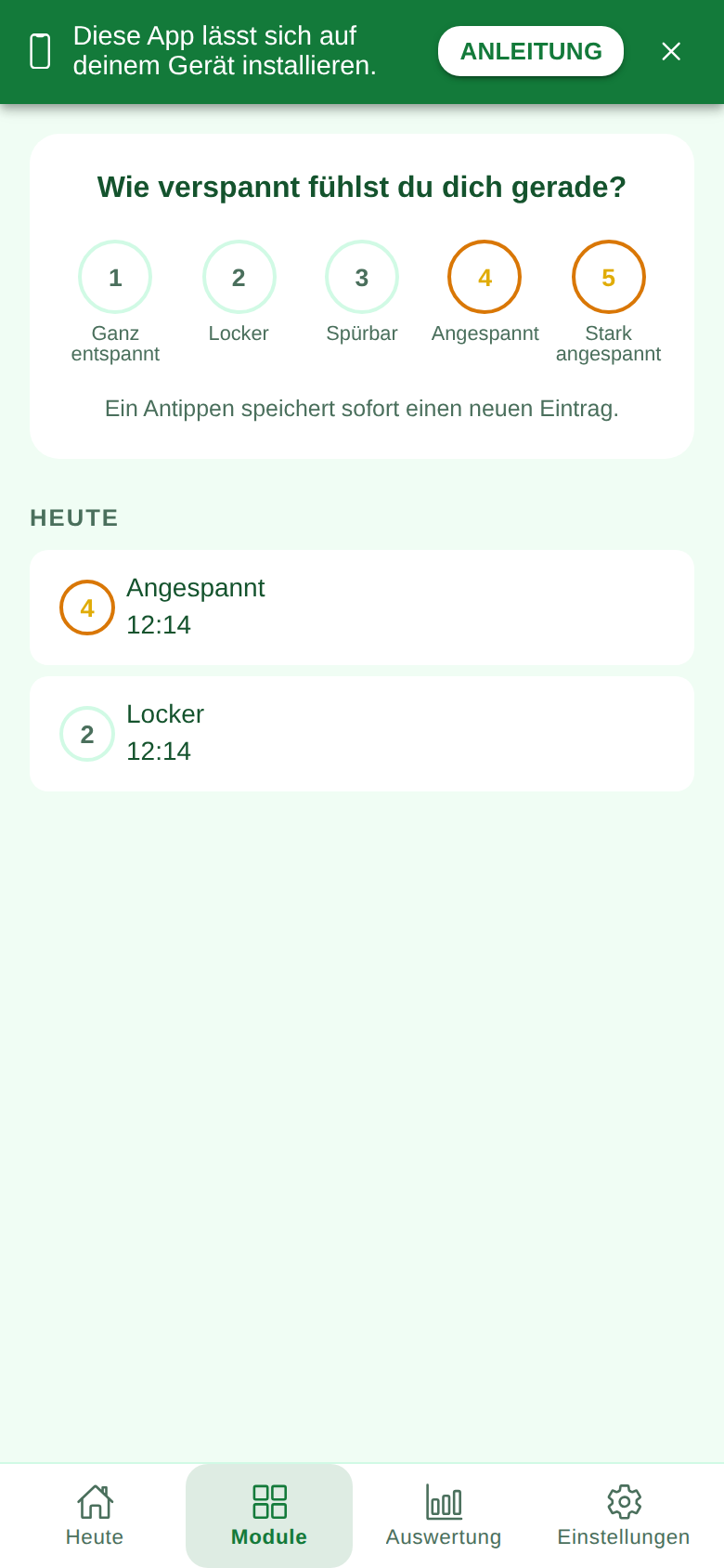 Screenshot des Moduls Anspannung in der Ruveo App