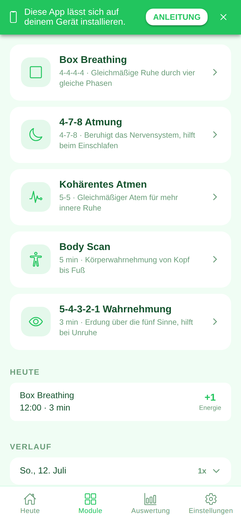 Screenshot des Moduls Atem in der Ruveo App