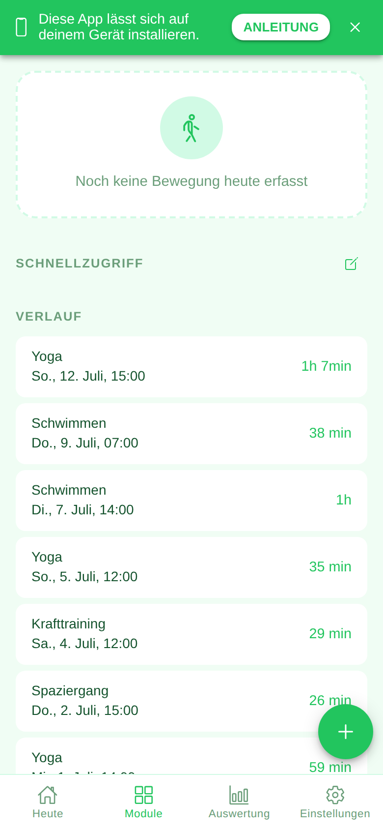 Screenshot des Moduls Bewegung in der Ruveo App