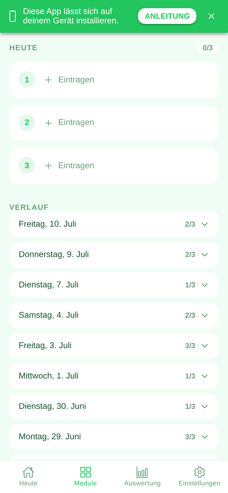 Screenshot des Moduls Dankbarkeit in der Ruveo App