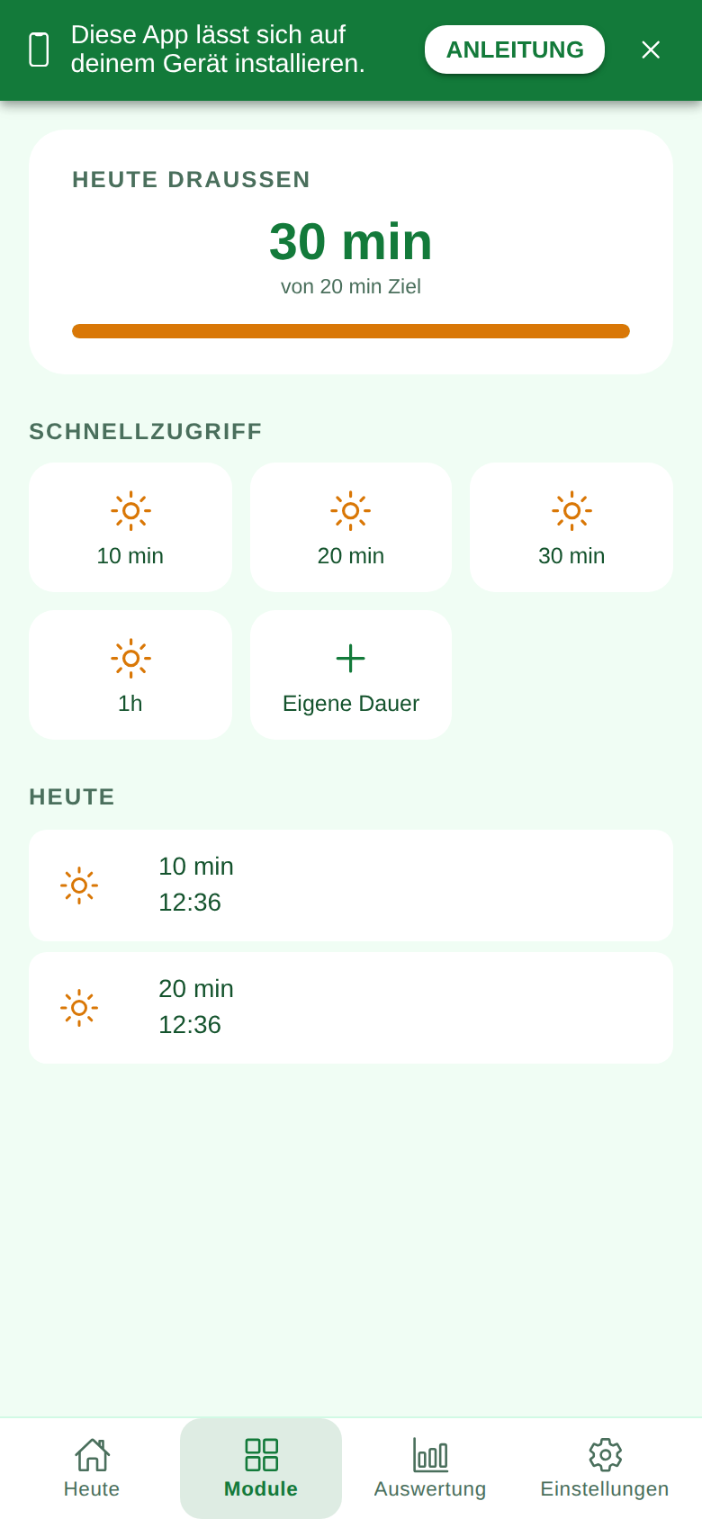 Screenshot des Moduls Draußen in der Ruveo App