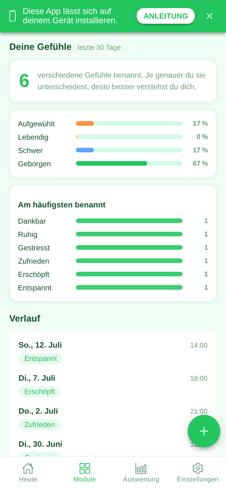 Screenshot des Moduls Emotionen in der Ruveo App