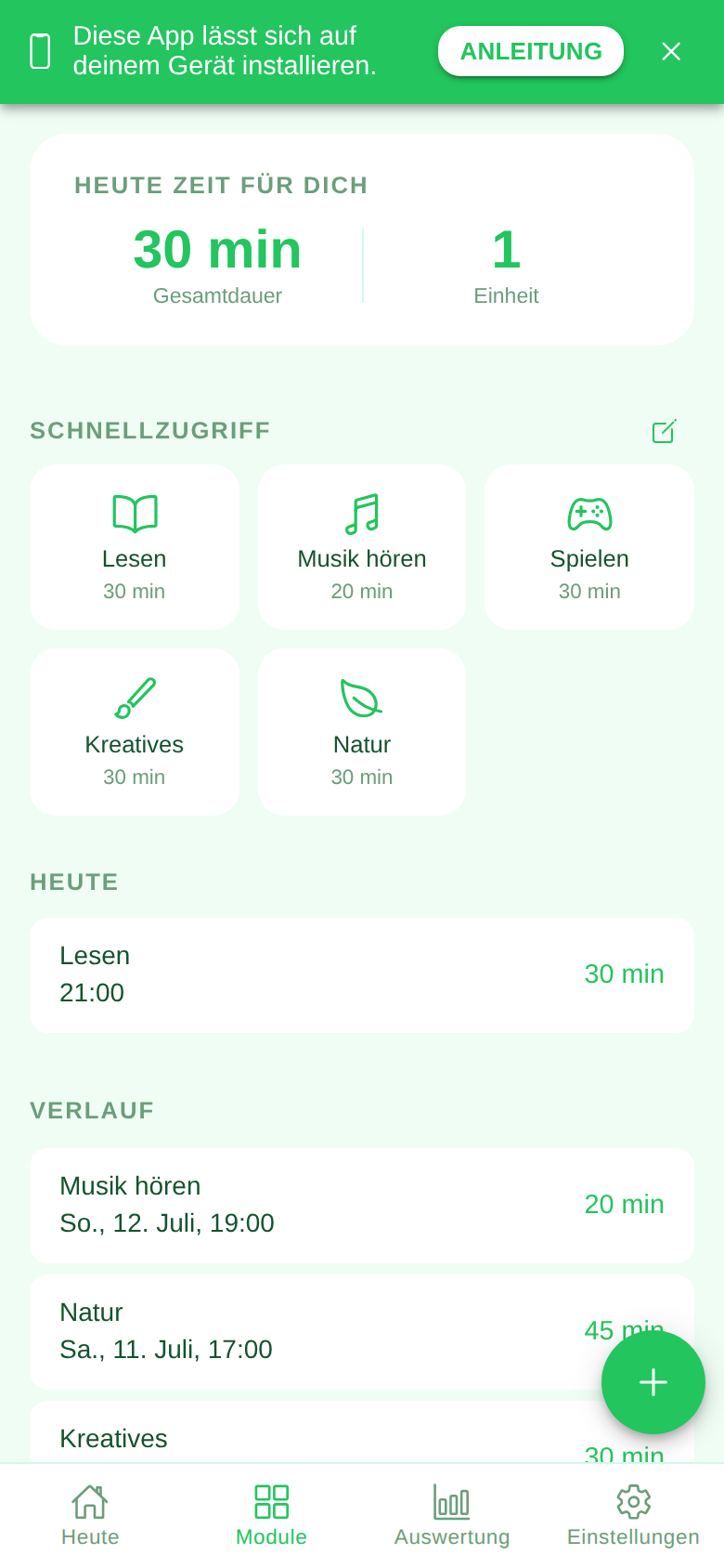 Screenshot des Moduls Freizeit in der Ruveo App