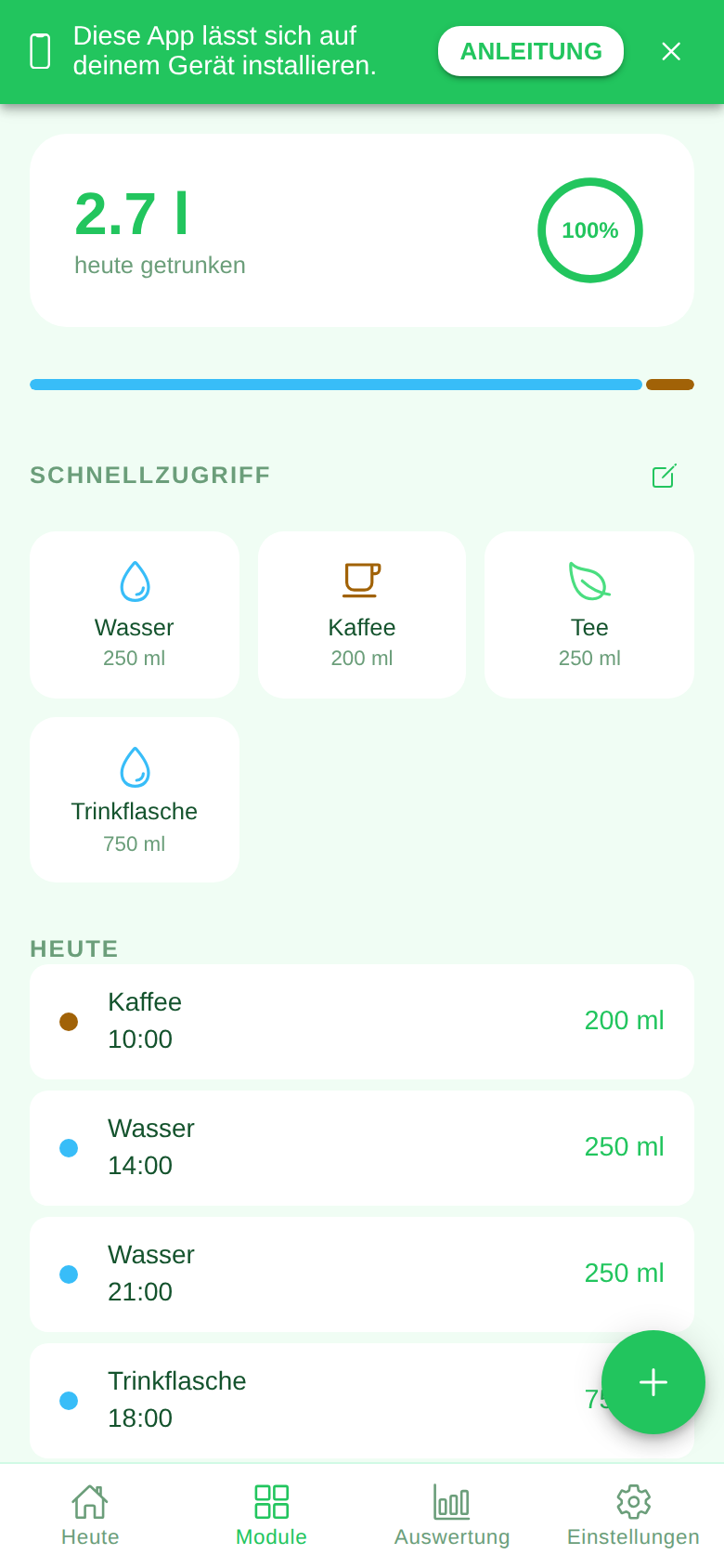Screenshot des Moduls Trinken in der Ruveo App