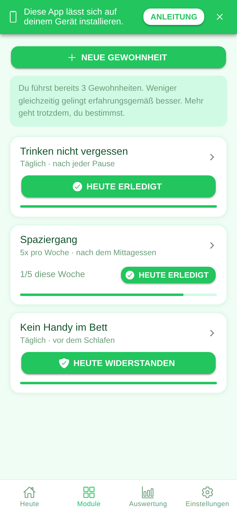 Screenshot des Moduls Gewohnheiten in der Ruveo App