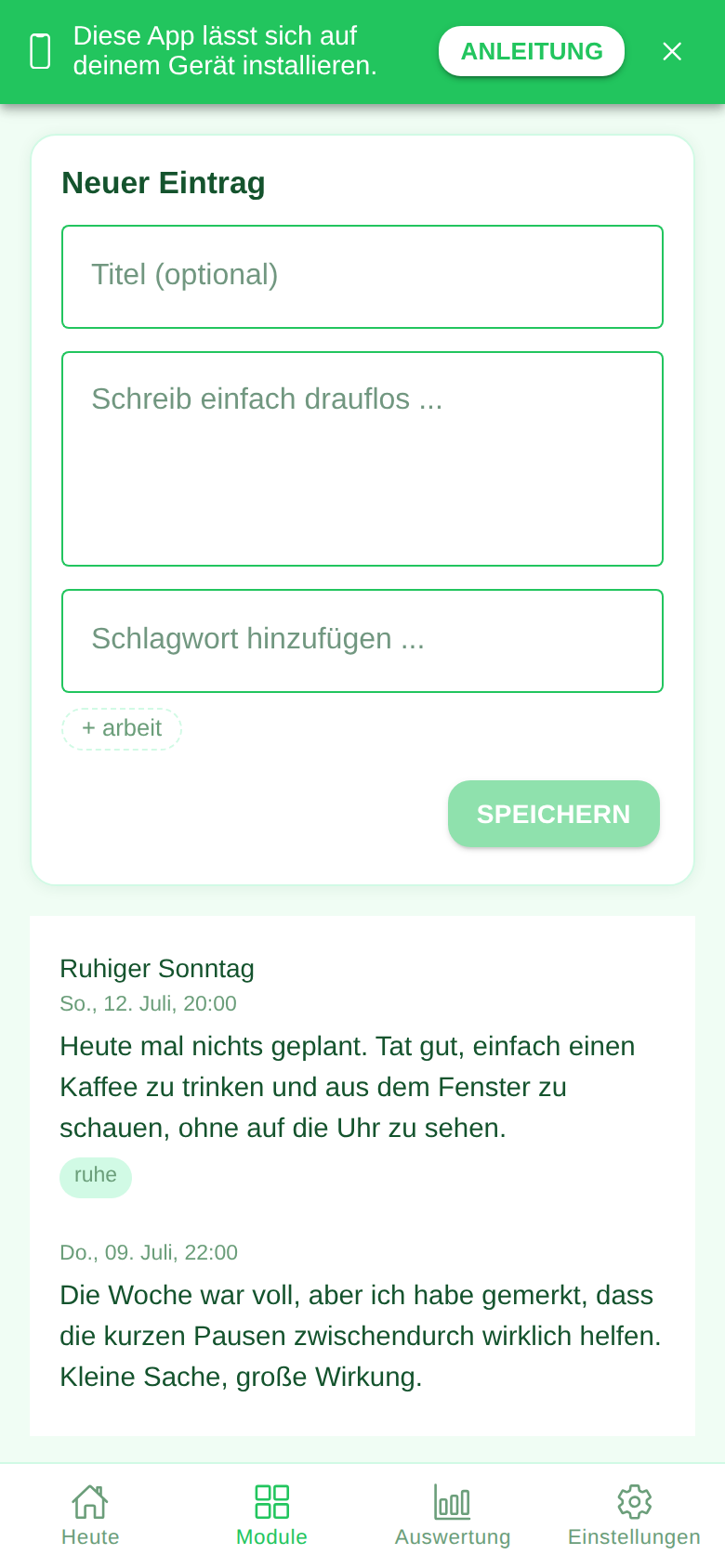 Screenshot des Moduls Journal in der Ruveo App