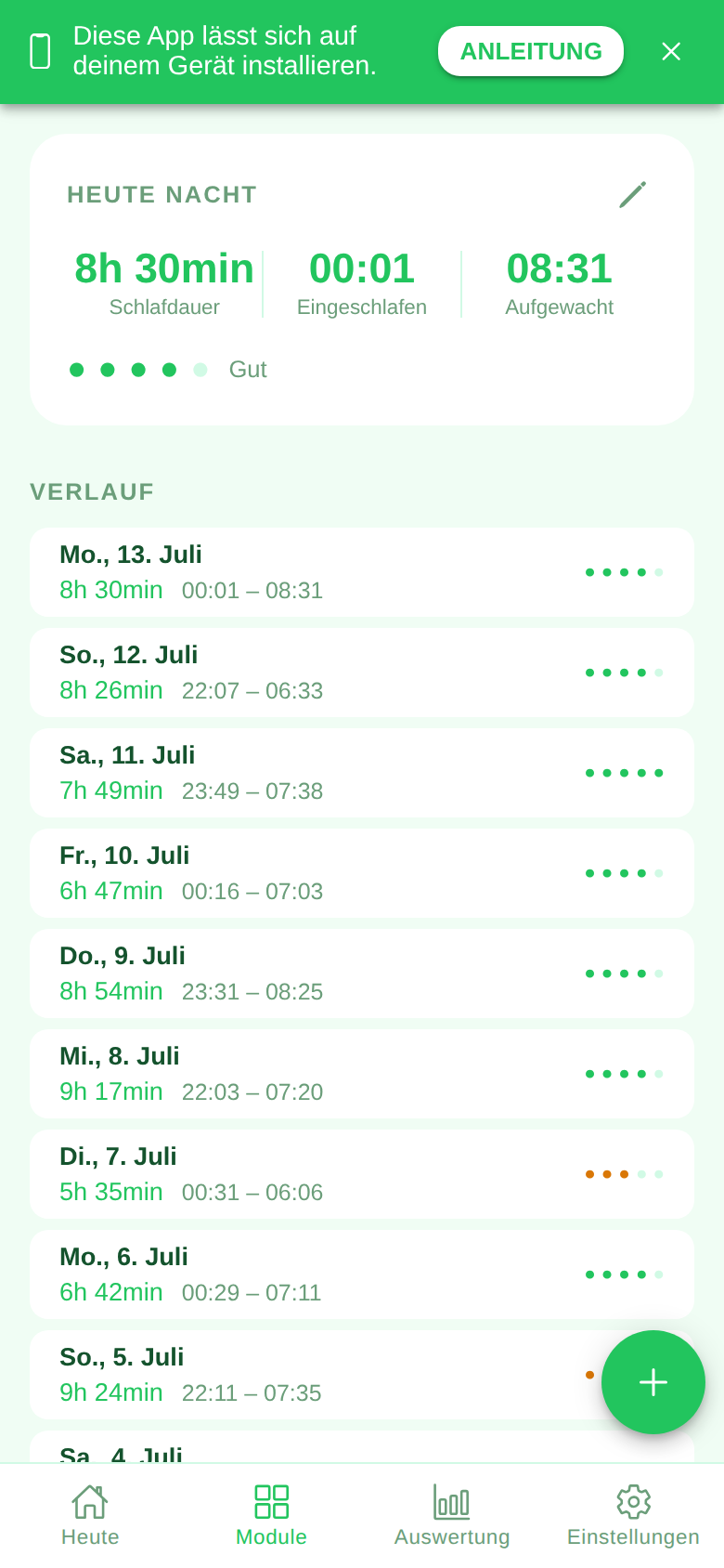 Screenshot des Moduls Schlaf in der Ruveo App