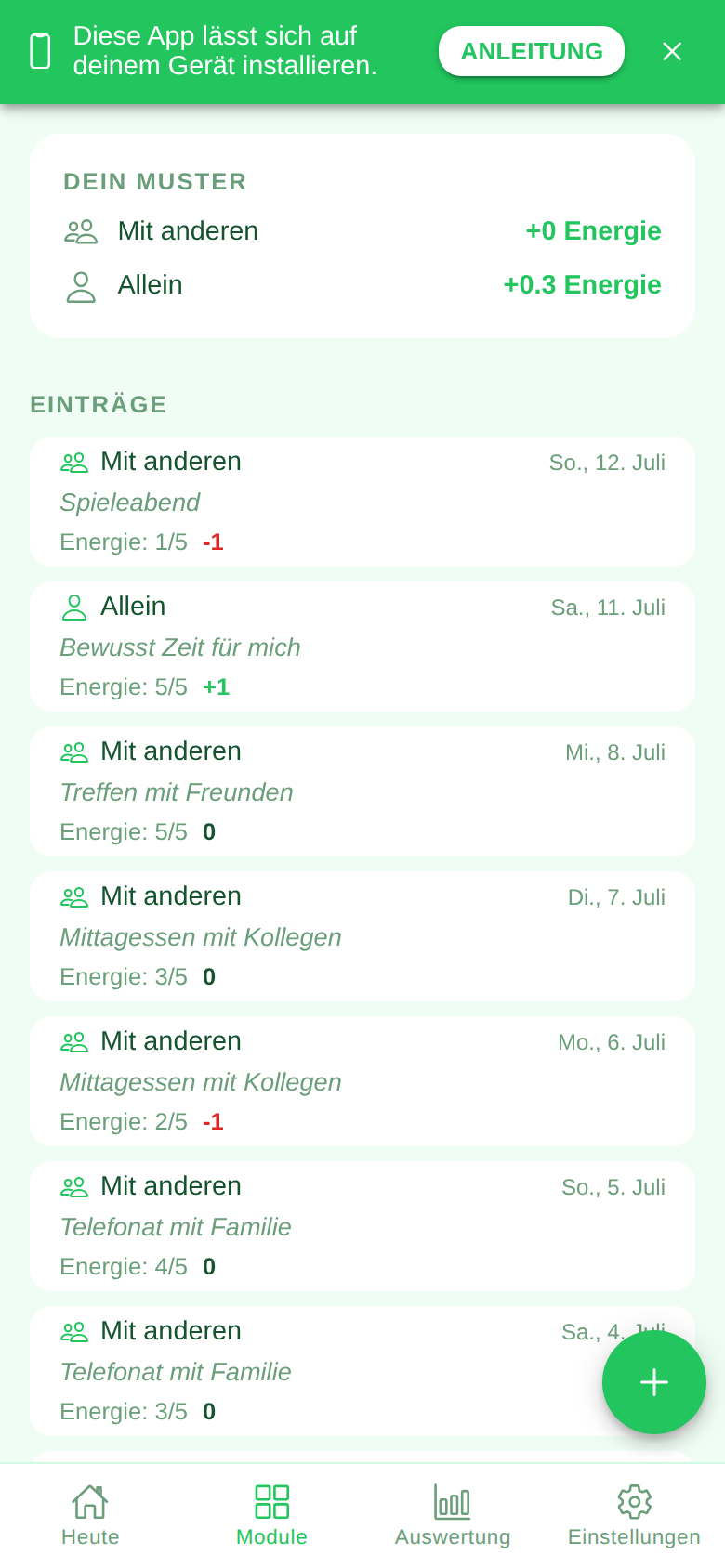 Screenshot des Moduls Soziale Energie in der Ruveo App