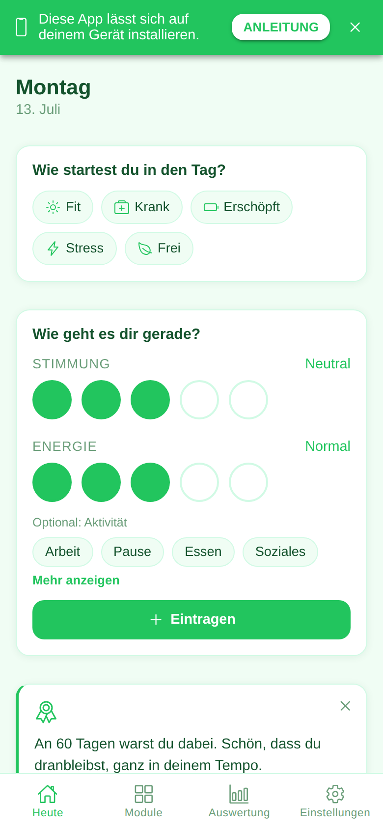 Startbildschirm der Ruveo App mit Tagesüberblick, Stimmungs- und Energieerfassung