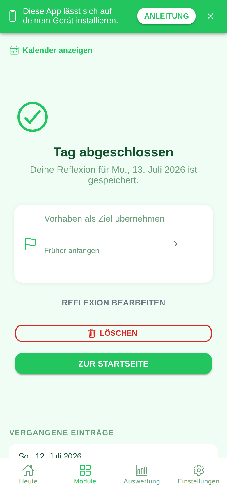 Screenshot des Moduls Tagesreflexion in der Ruveo App