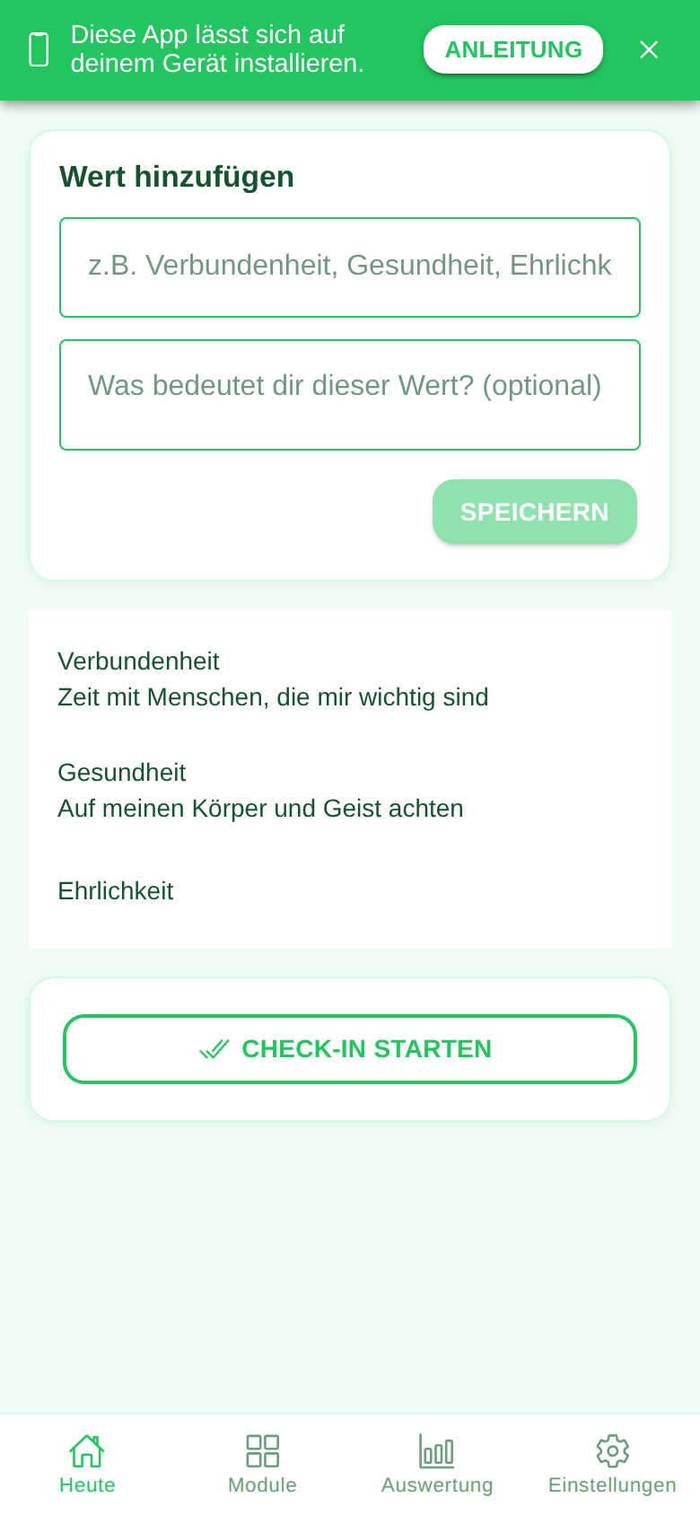 Screenshot des Moduls Werte in der Ruveo App